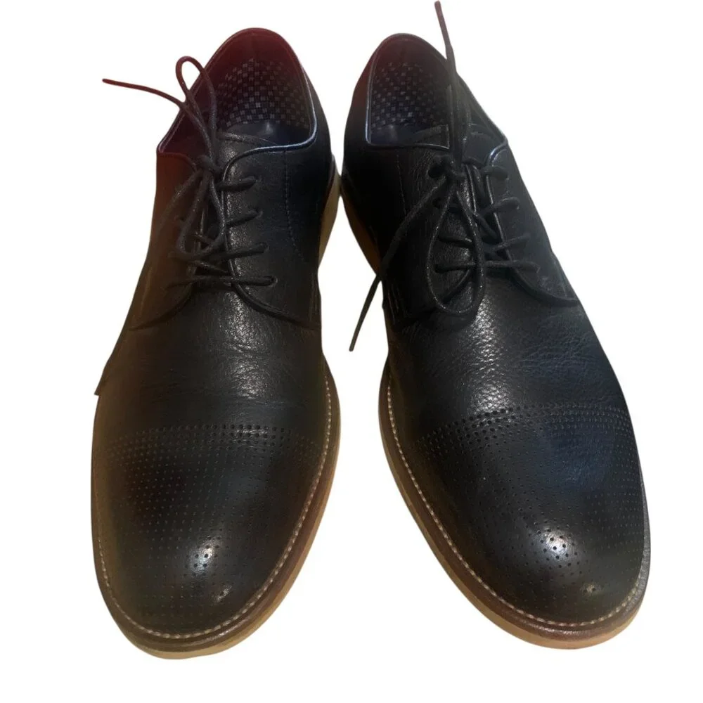 Steve Madden Mens Black Leather Oxfords With‎ Perforated Toe Detail Sz 9.5